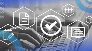 software quality assurance (SQA) imag of two hands on a keyboard. In the foreground there are several hexagons with different images in there indicating different parts of a workflow including a pad of paper and a pen, a checkmark, a computer. The image evokes a process.