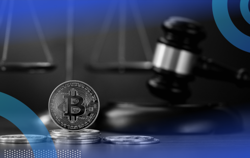 Legal gavel and bitcoin with scales in the background