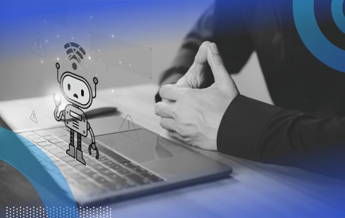 A user works on a laptop with a cartoon AI malfunctioning on top