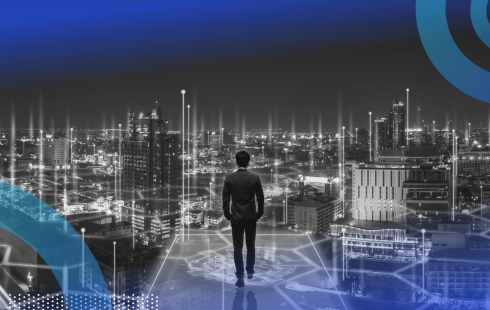 A person in a suit surveys a futuristic city