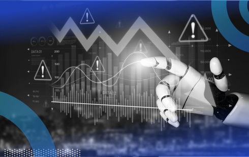 A robotic hand manipulates a data graph showing declining profits